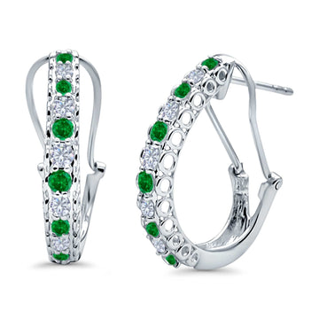 Half Eternity Huggie Hoop Earrings Round Simulated Green Emerald CZ 925 Sterling Silver (18mm)